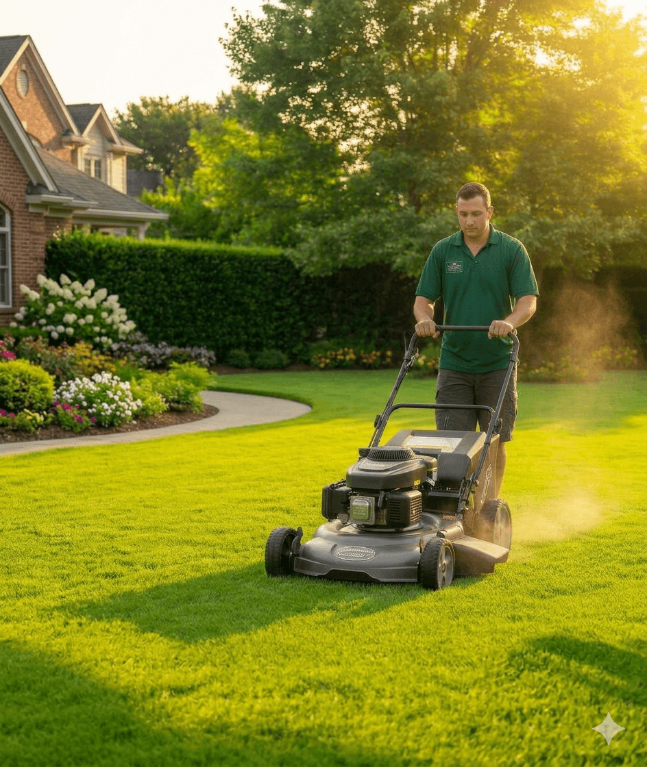 Professional lawn care technician mowing a beautiful green residential lawn